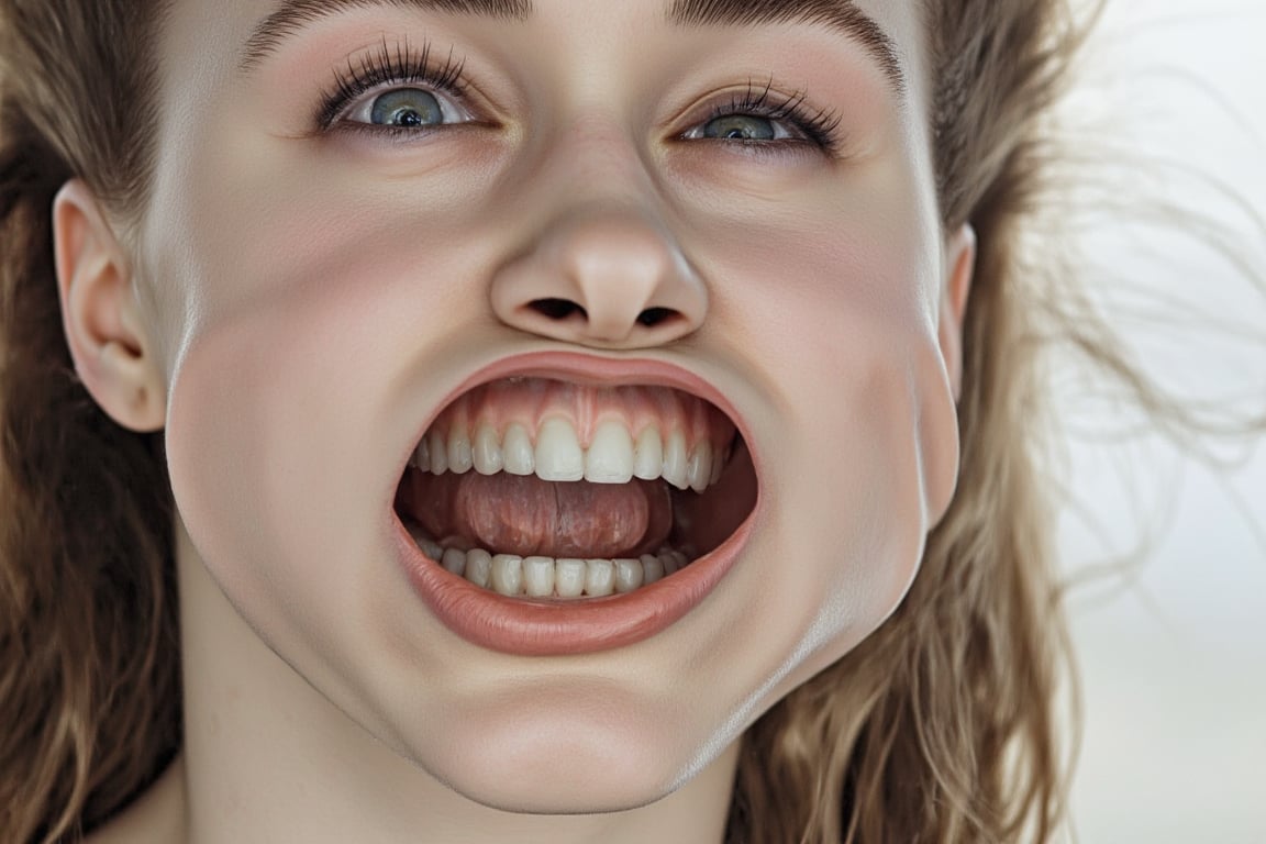 A medium shot photograph of a pretty woman. w1nd8l0wn photo of a squinting woman's perfect teeth. windy. . big wide open m...