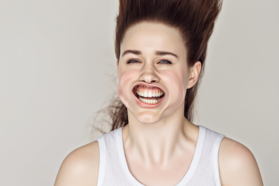 A medium shot photograph of a pretty woman. She is wearing a white tanktop. w1nd8l0wn photo of a squinting woman's perfect...