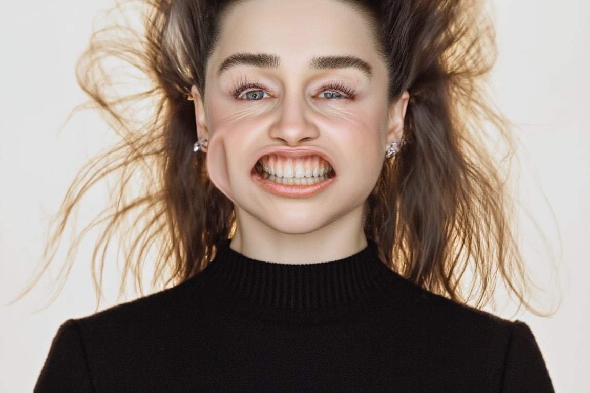 A medium shot photograph of a pretty woman. She is wearing a black turtleneck sweater. w1nd8l0wn photo of a squinting woma...