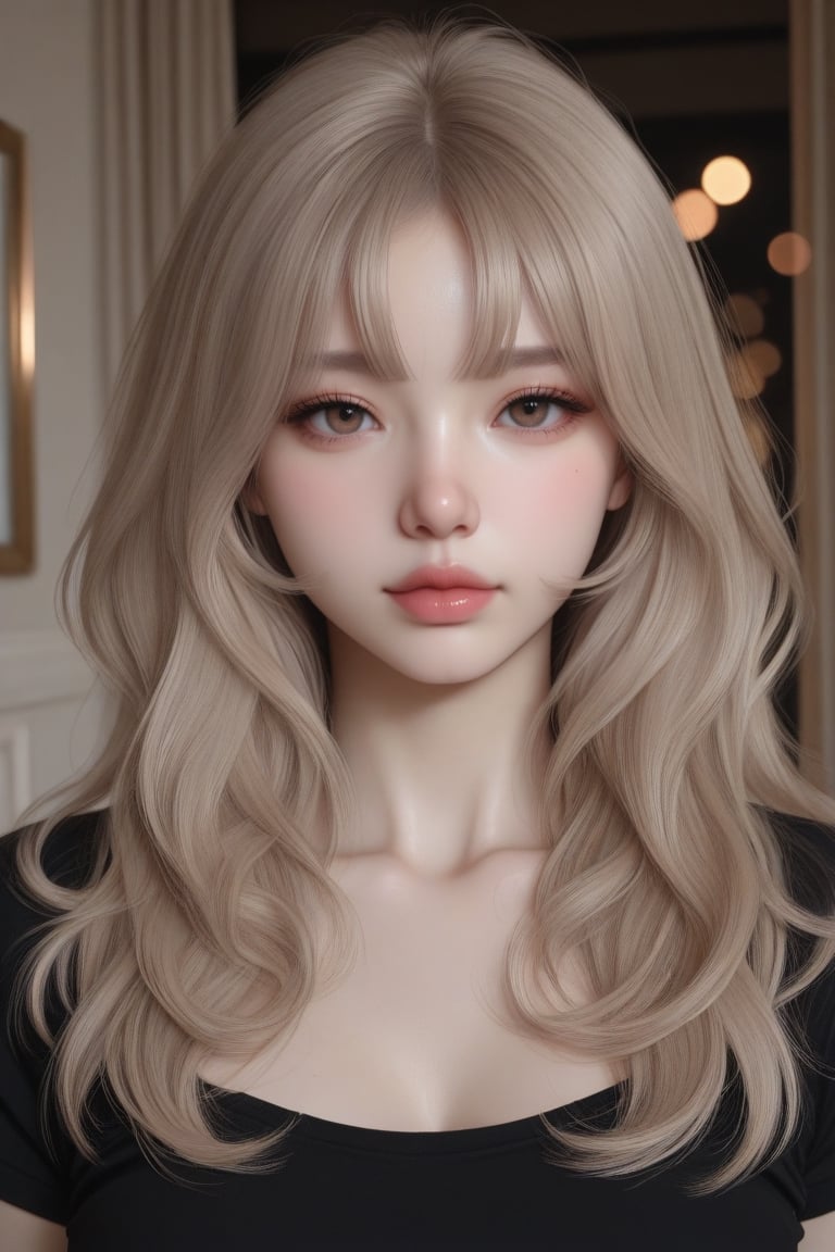 Solo female,  focus on female. A beautiful 41-year-old woman with elegant and refined facial features. She has light brown...