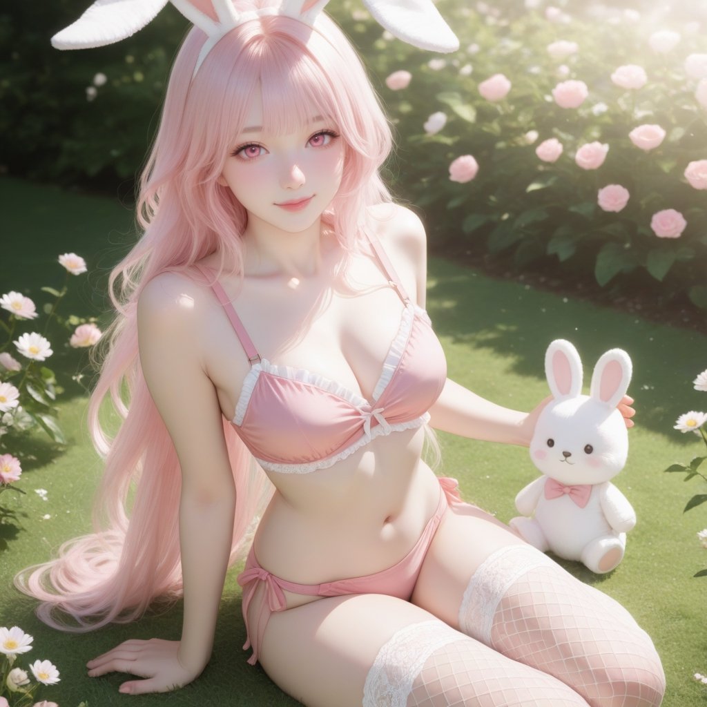 Solo female,  focus on a single beautiful young woman sitting on soft green grass in a blooming flower garden. She has fai...