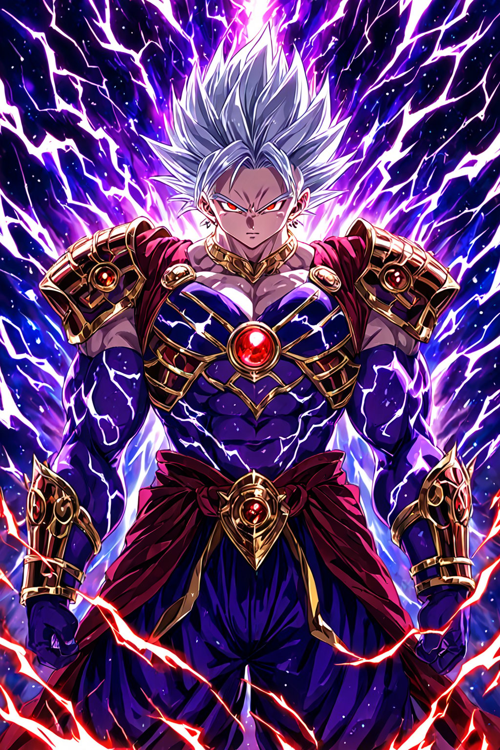 A transcendent warrior beast gohan with wild,  flowing silver hair crackling with omniversal energy,  perfect face by Kaka...