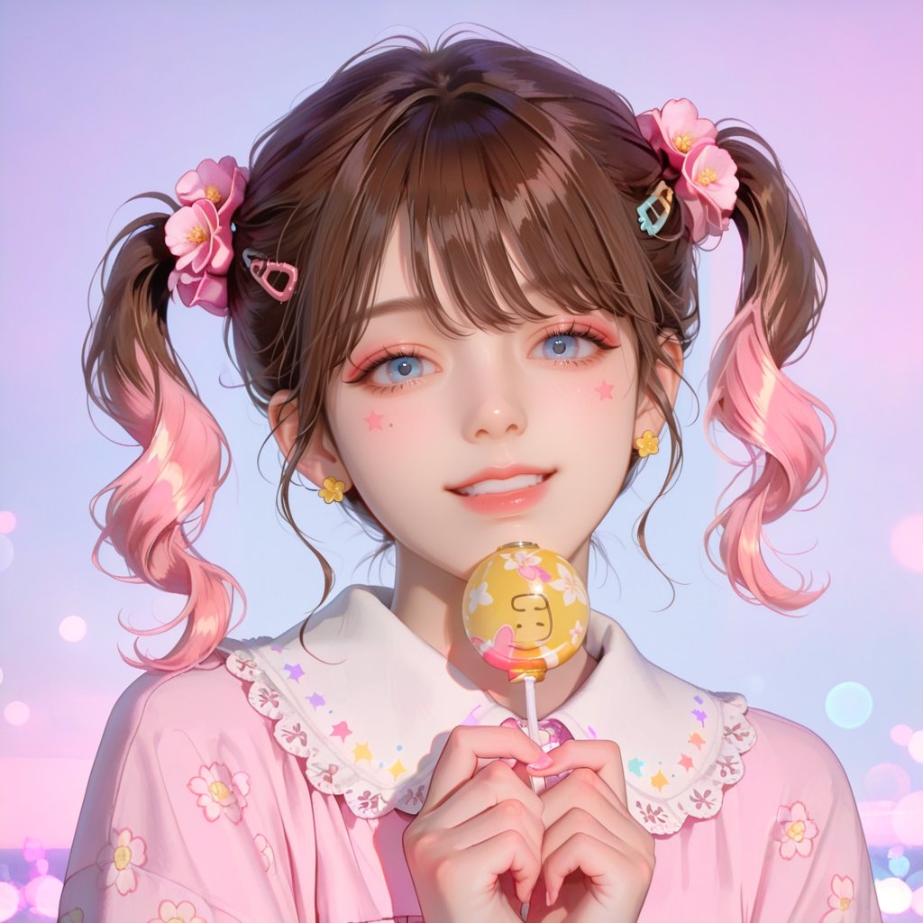 "A cute toddler 3-year-old girl with big,  expressive eyes and long brown pigtails,  wearing a pink dress with a white col...