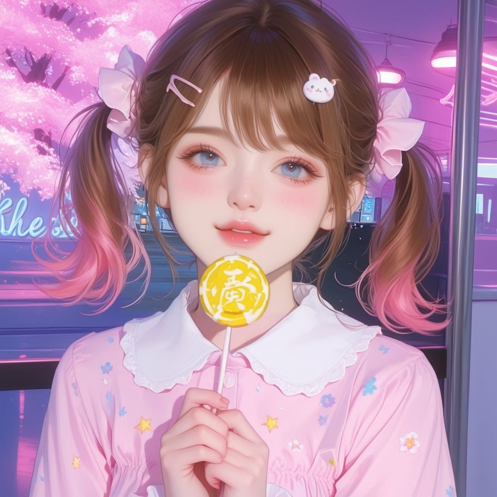 A cute toddler 3-year-old girl with big,  expressive eyes and long brown pigtails. She is wearing a pink dress with a whit...