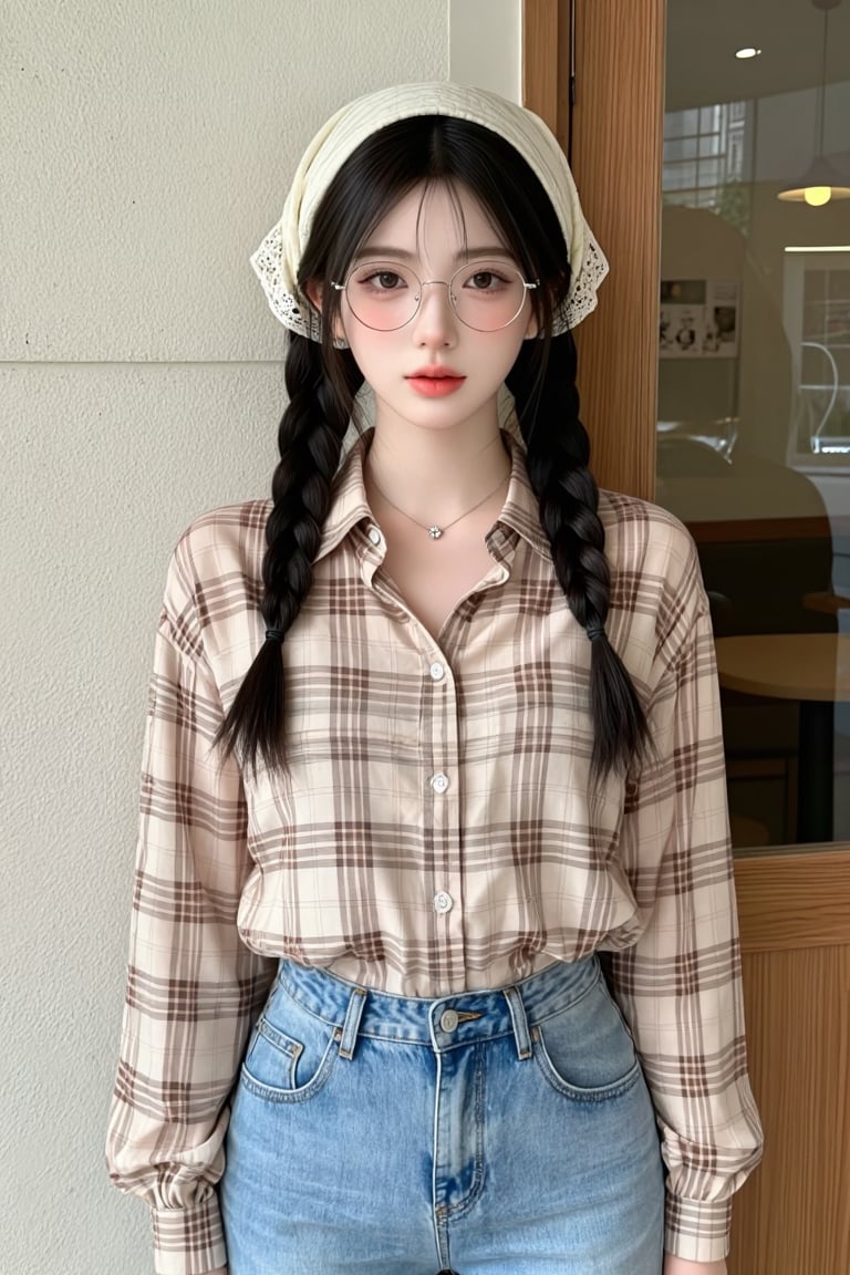 A young woman standing against a light textured concrete wall beside a wooden-framed glass window. She has long black hair...