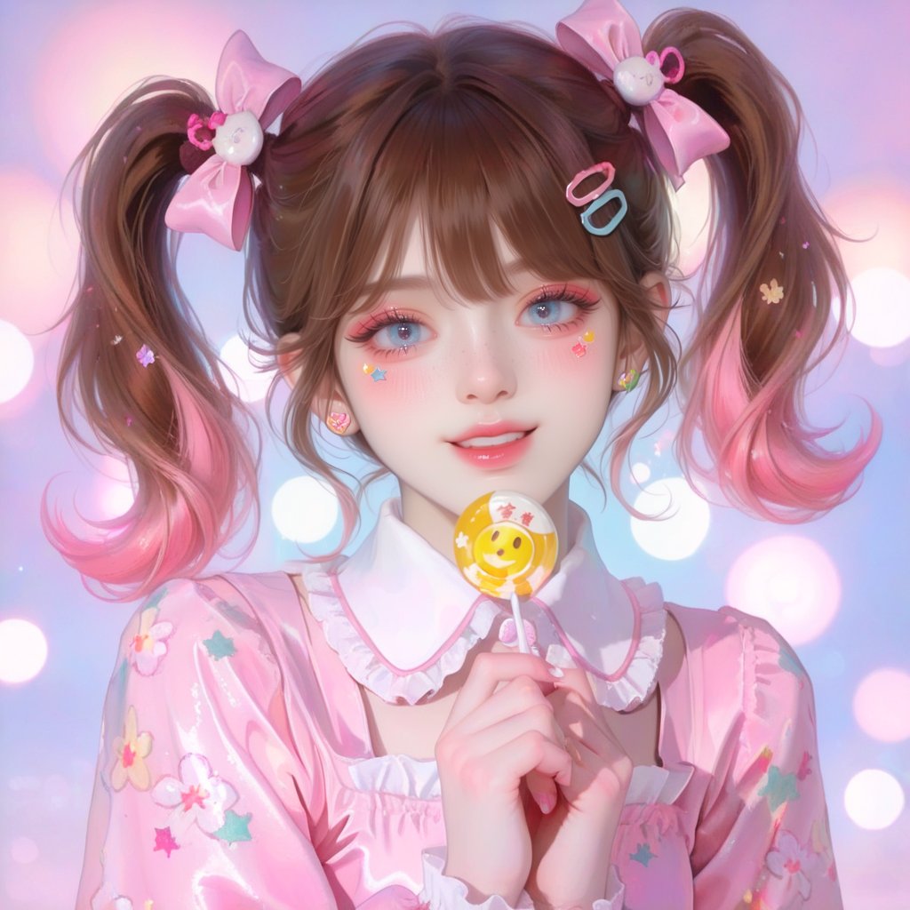 "A cute toddler 3-year-old girl with big,  expressive eyes and long brown pigtails,  wearing a pink dress with a white col...