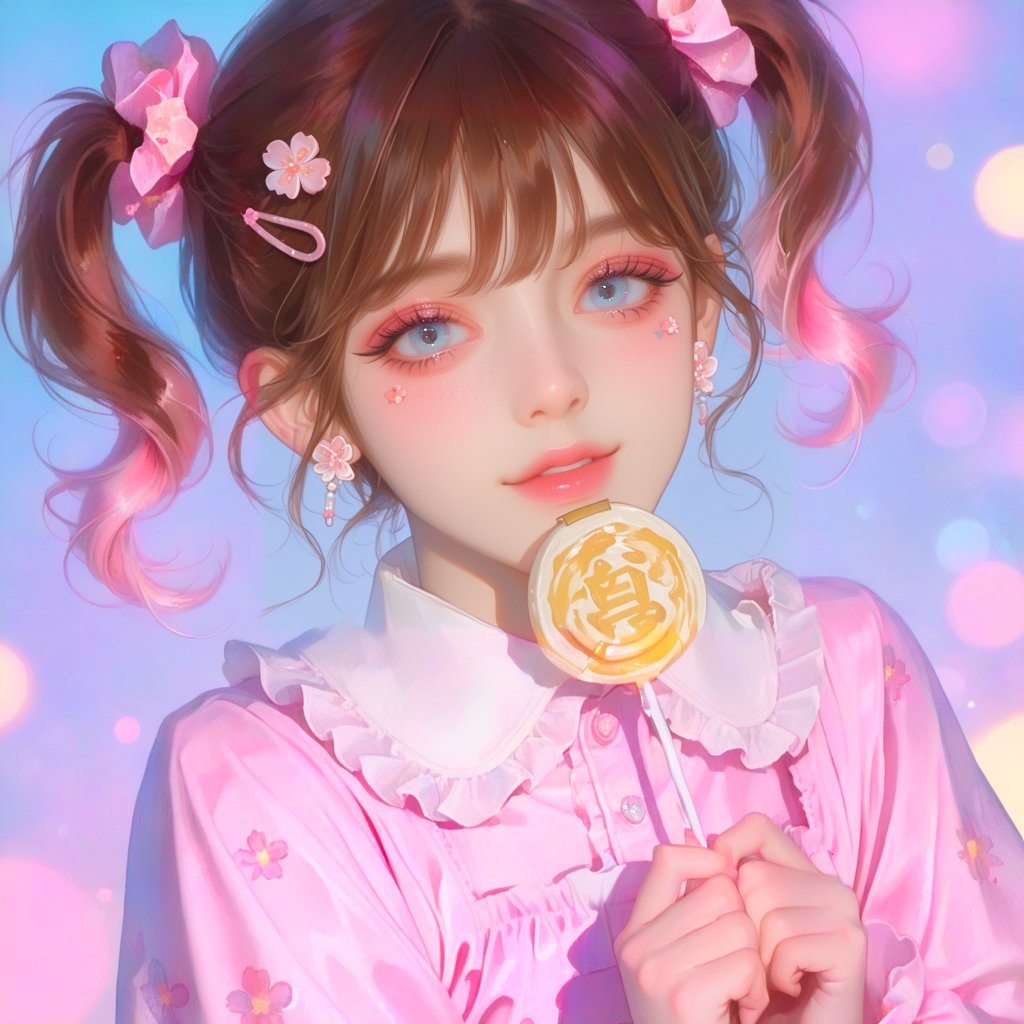 "A cute toddler 3-year-old girl with big,  expressive eyes and long brown pigtails,  wearing a pink dress with a white col...