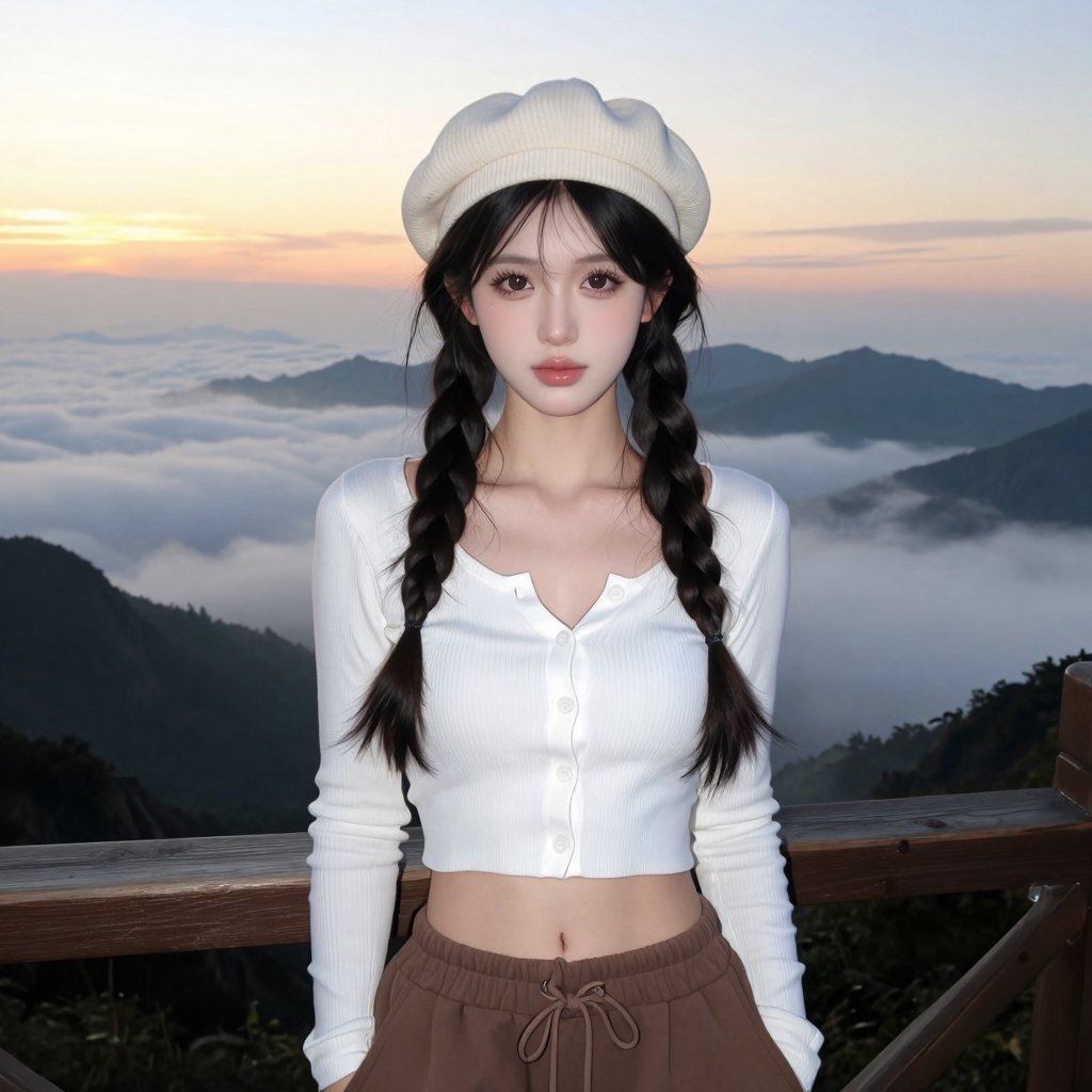 1 young woman,  standing at a wooden viewpoint railing in the mountains above a sea of clouds at sunrise,  soft golden hou...