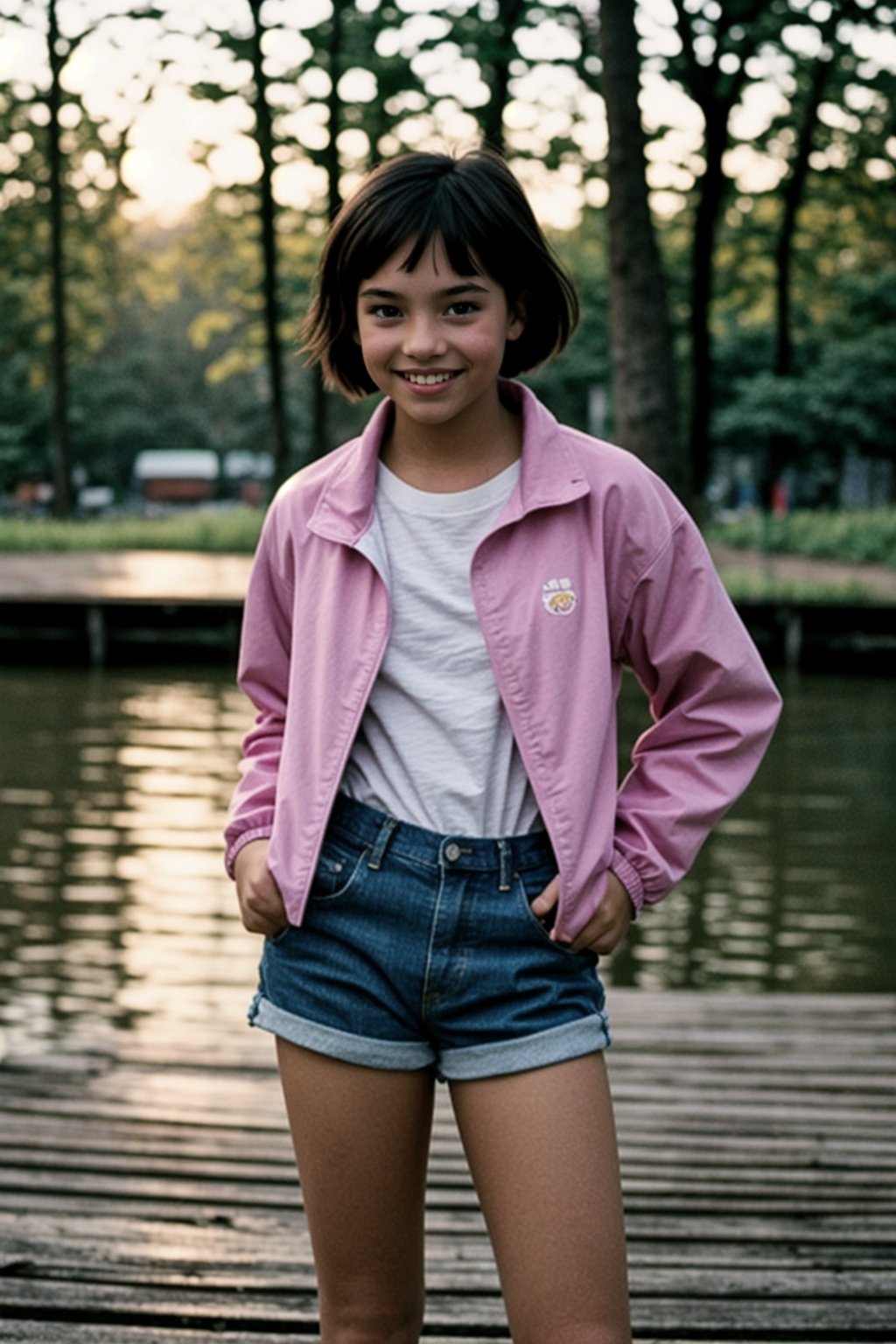 tween girl,  11,  standing on lakeside dock at sunrise by user_845476282564206492 on Tensor.Art