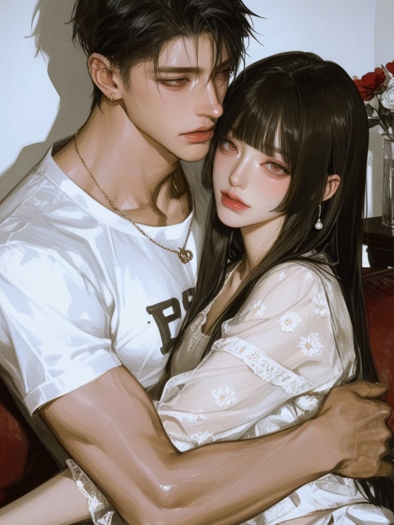 A beautiful man and woman in a fit elegant clothes,  couple in love,  the man is hugging the woman. They are sitting on so...