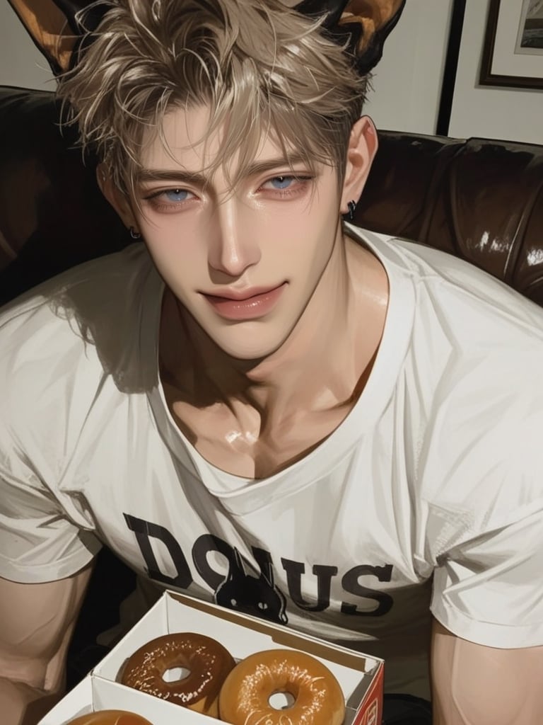 A beautiful man wearing a casual t-shirt. He is sitting straight on sofa. medium shot,  looking at viewer,  1 boy by Wande...