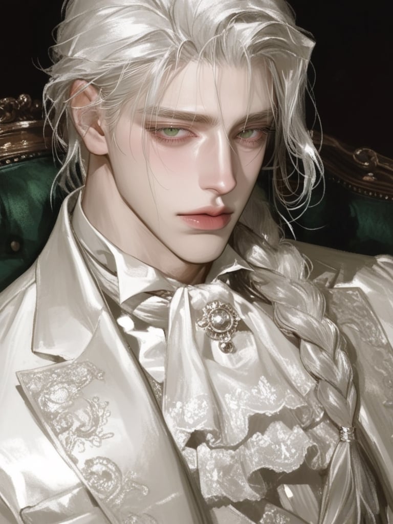 A beautiful man wearing a white formal Victorian clothes. He is sitting straight on sofa. medium shot,  looking at viewer,...