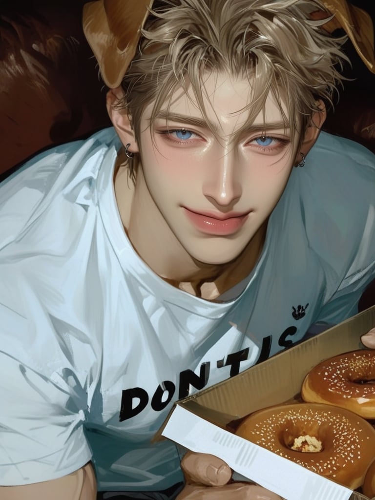 A beautiful man wearing a casual t-shirt. He is sitting straight on sofa. medium shot,  looking at viewer,  1 boy by Wande...