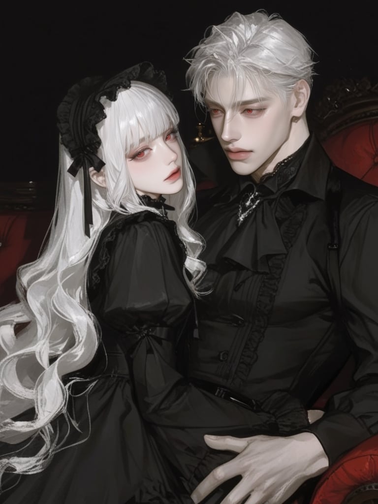 A beautiful man and boy in a fit black lolita dress,  wearing lolita headdress. They're sitting on a sofa. medium shot,  l...