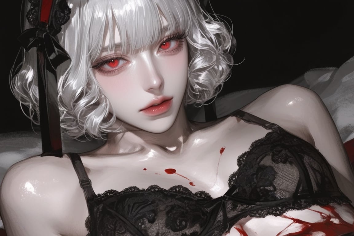 A beautiful man in a fit black lace lingerie,  wearing ribbons headdress. He is sitting on a bed. medium shot,  looking at...