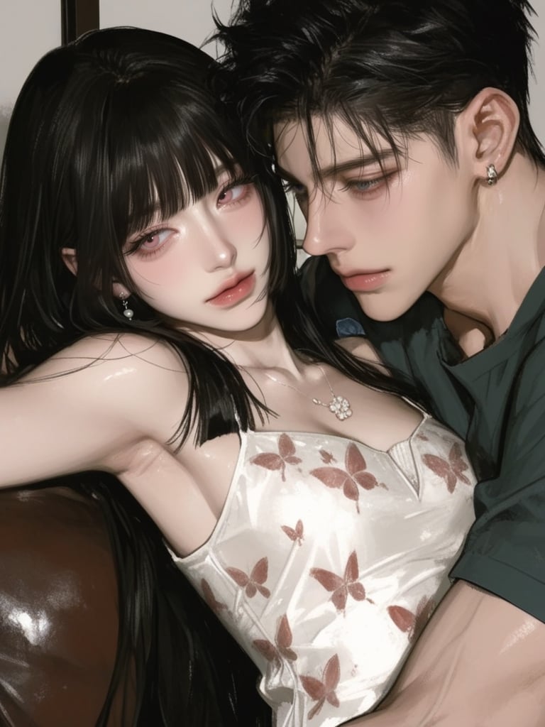 A beautiful man and woman in a fit elegant clothes,  couple in love,  the man is hugging the woman. They are sitting on so...