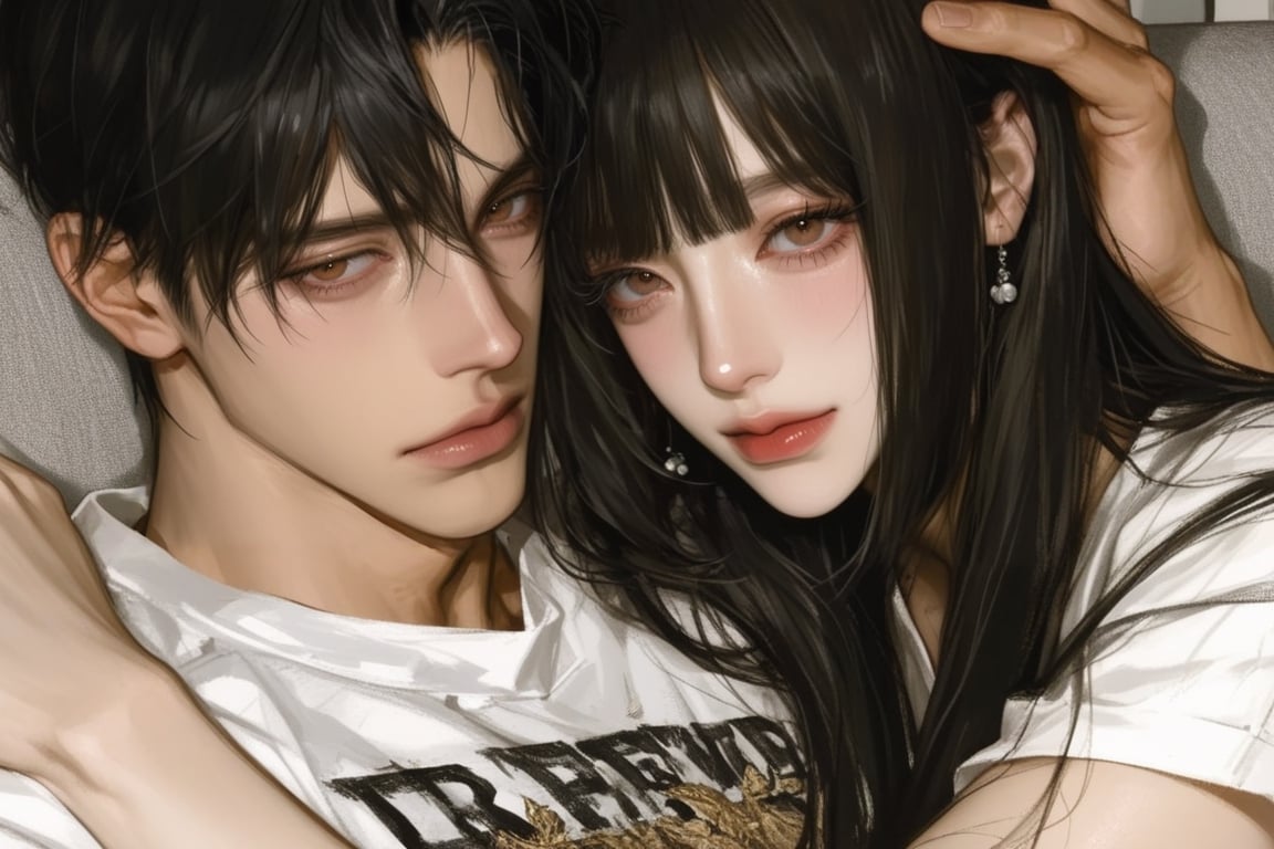 A beautiful man and woman in a fit elegant clothes,  couple in love,  the man is hugging the woman. They are sitting on so...