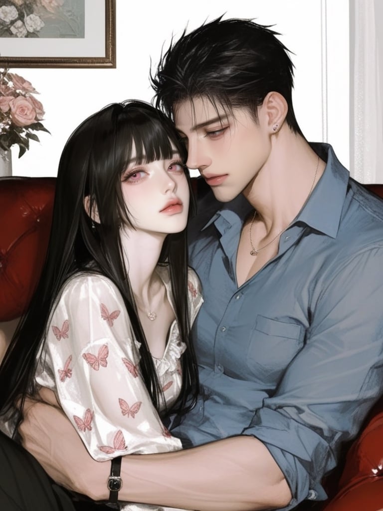 A beautiful man and woman in a fit elegant clothes,  couple in love,  the man is hugging the woman. They are sitting on so...