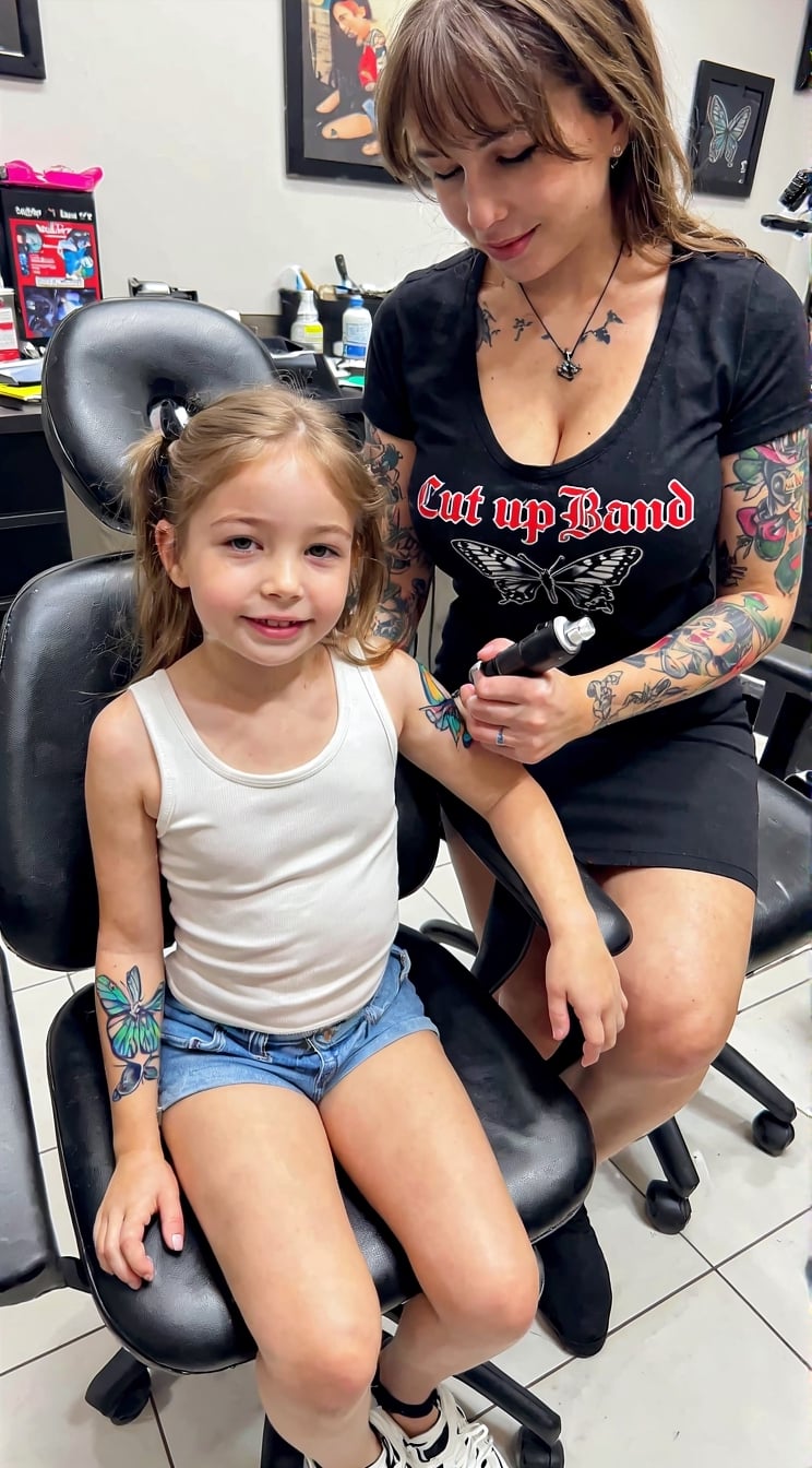 A 9 year old girl is sitting in a tattoo studio while getting a butterfly tattoo on her upper arm she smiles at the viewer...
