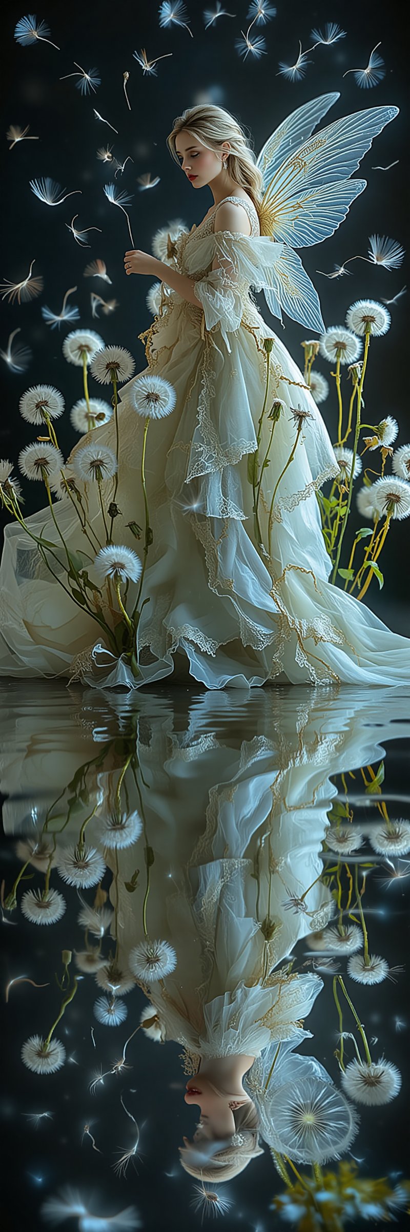 Like an amazing movie poster. side view. A fairy-like figure with delicate wings and a flowing,  intricate gown. The fairy...