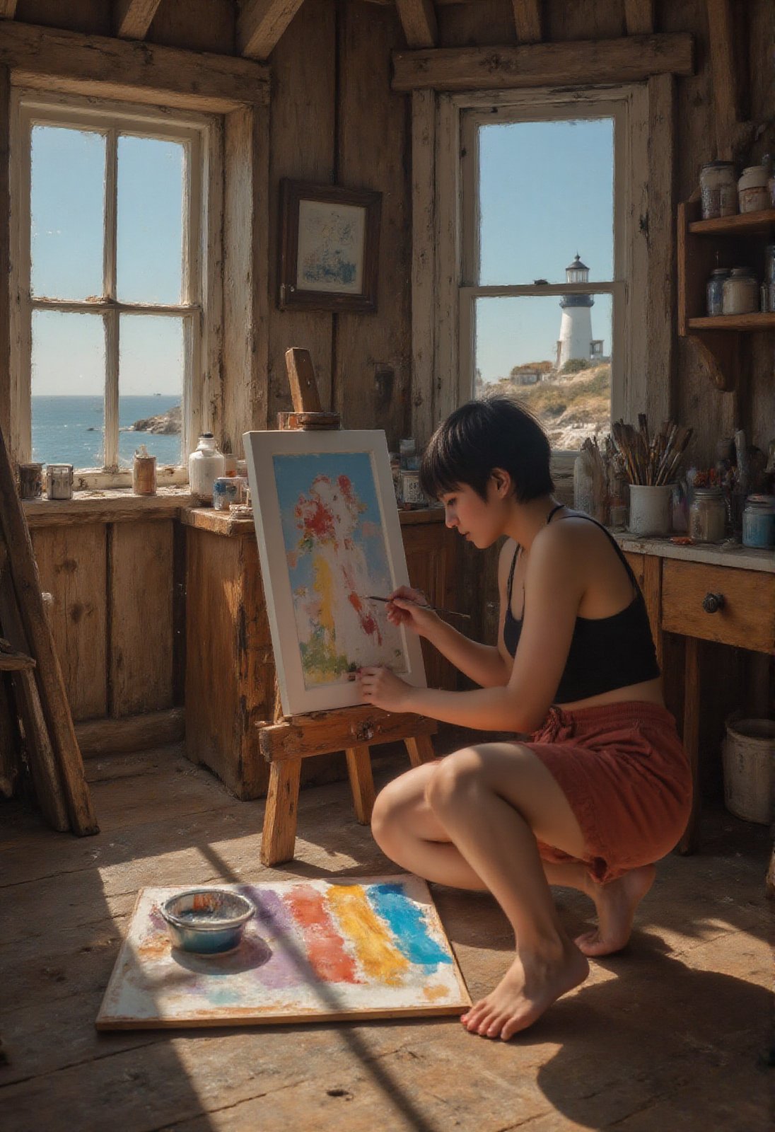 a painterly oil painting full body portrait showcases a barefoot young woman painter with fair skin and short dark hair,...