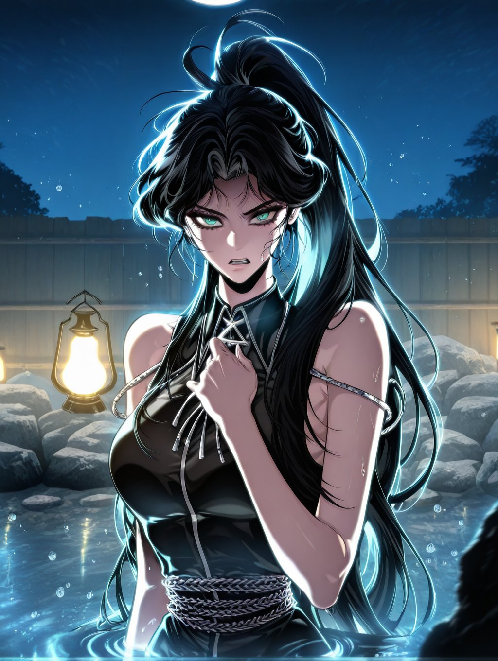 yu seolha . She has piercing green eyes and a confident yet intense expression. She appears to be in an outdoor hot spring...