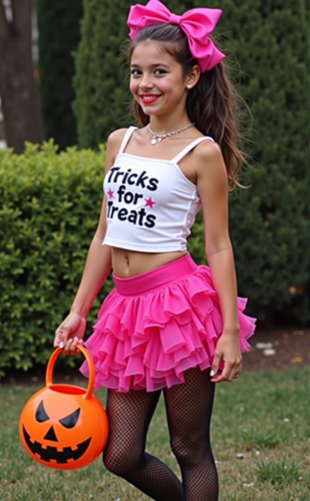 A semi-side view of a 16 year old girl who looks excited as she is dressed up for Halloween,  wearing a sexy costume that...