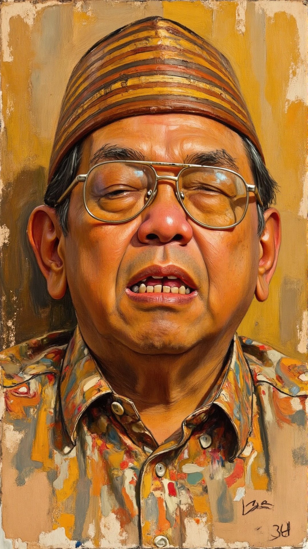 A hyper-realistic,  intricately detailed sketch illustration,  a close-up shot of a middle-aged fat Asian man by NAHDLIYIN...