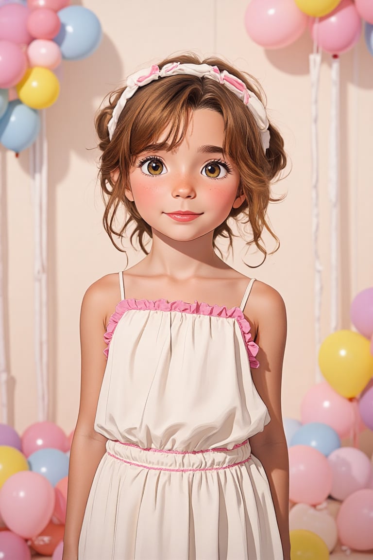 strokelies anime illustration of young girl charlee-poley,  standing in front of a background filled with colorful balloon...