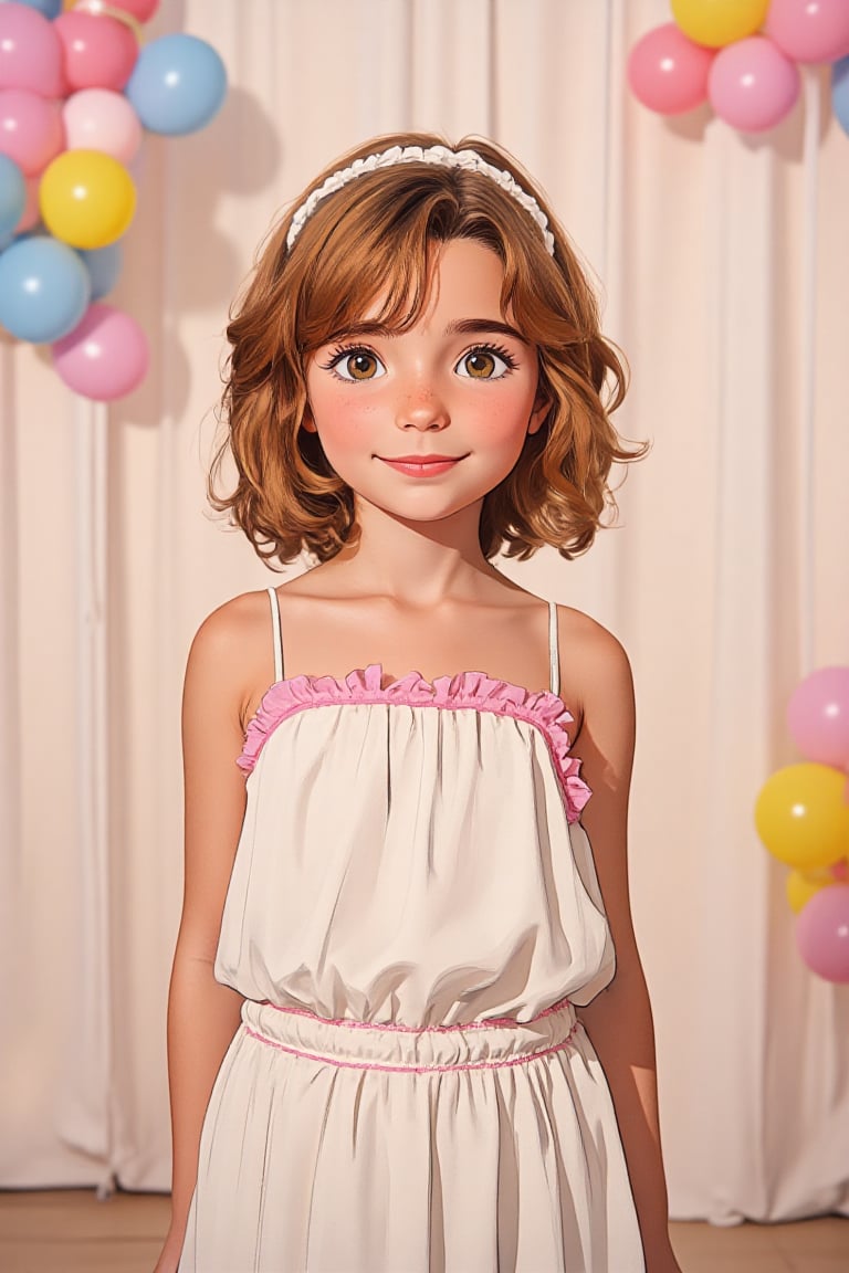 strokelies anime illustration of young girl charlee-poley,  standing in front of a background filled with colorful balloon...