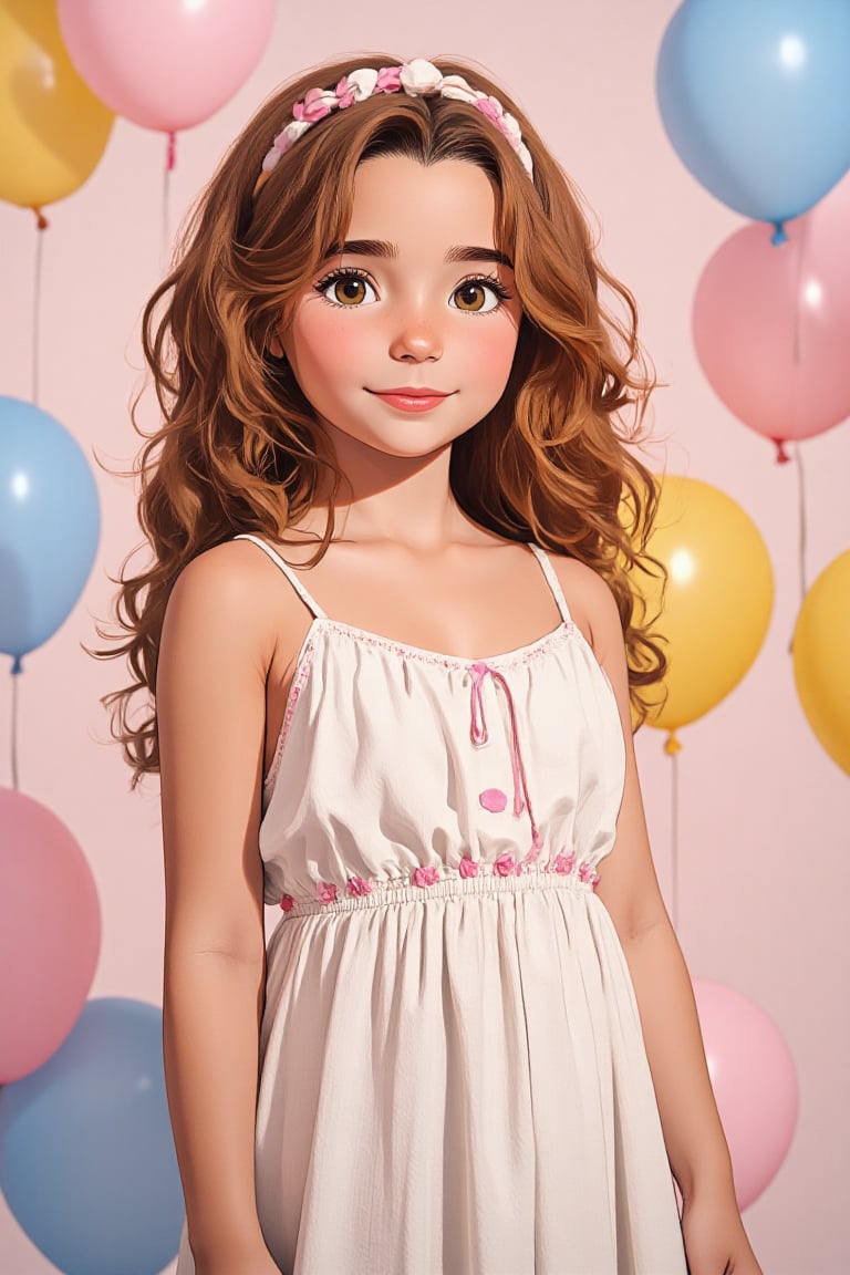 strokelies anime illustration of young girl charlee-poley,  standing in front of a background filled with colorful balloon...