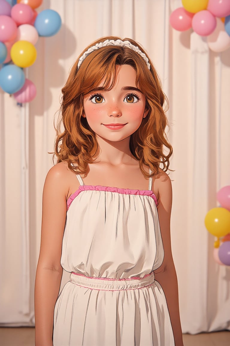 strokelies anime illustration of young girl charlee-poley,  standing in front of a background filled with colorful balloon...