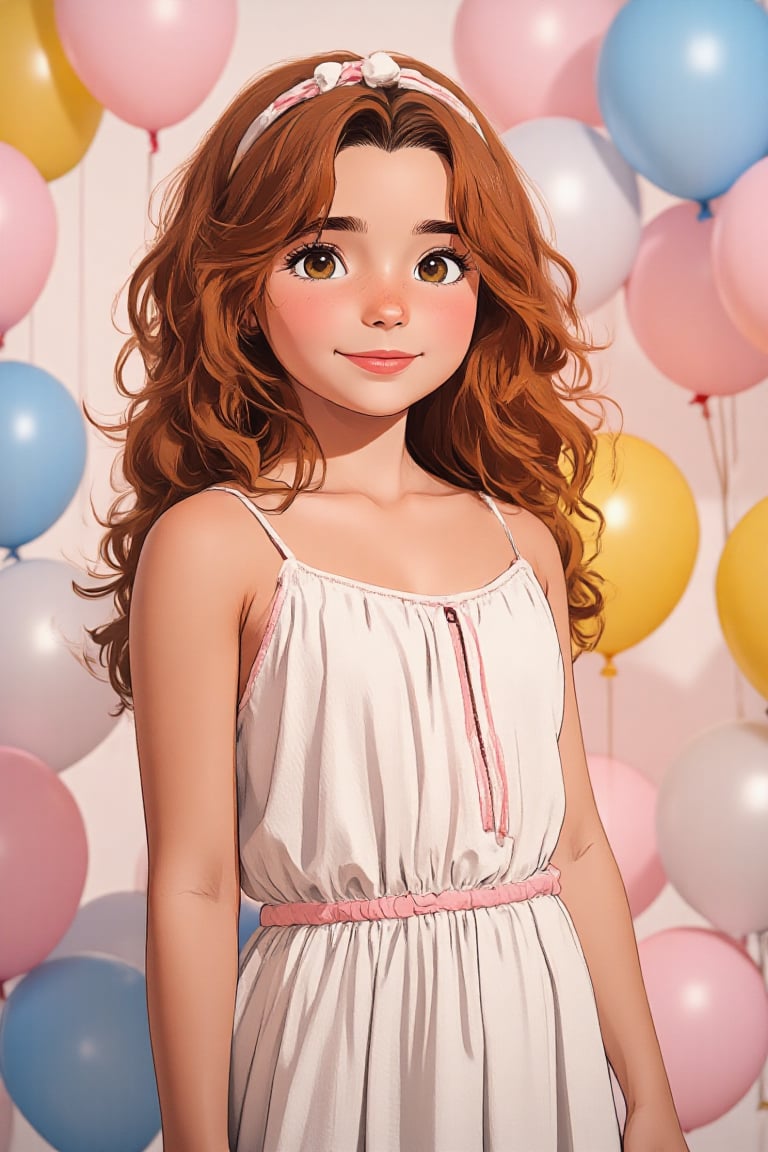 strokelies anime illustration of young girl charlee-poley,  standing in front of a background filled with colorful balloon...