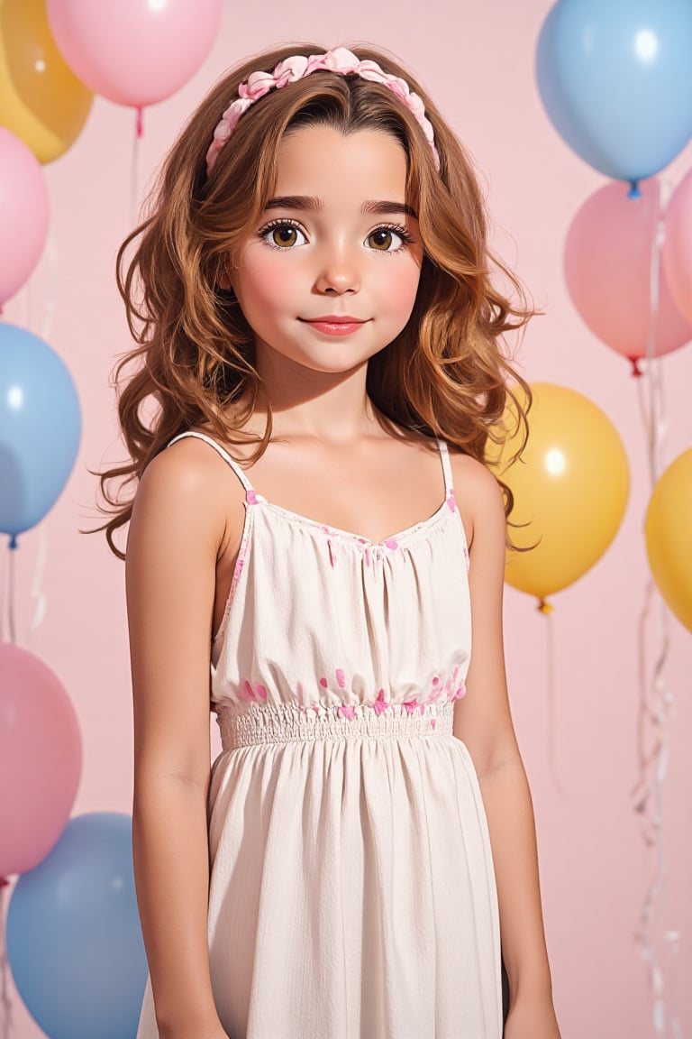 strokelies anime illustration of young girl charlee-poley,  standing in front of a background filled with colorful balloon...