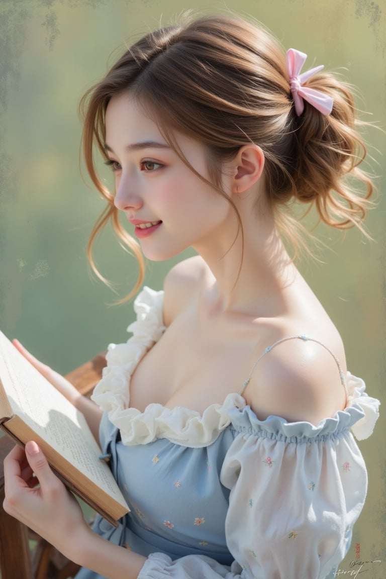 Create a highly detailed and extremely beautiful Korean girl ,  short brown culy brown hair,  cheerful smile by BuG_tube o...