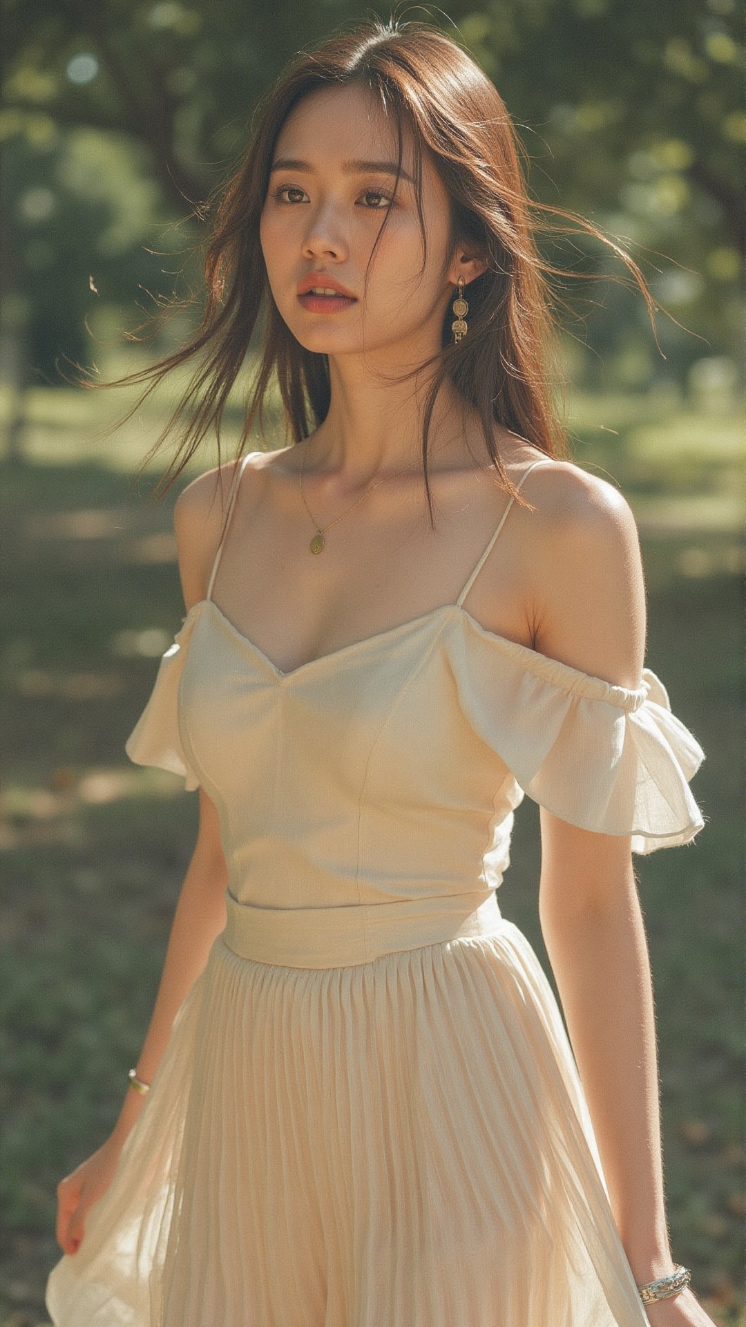 full body image of a woman wearing an off-shoulder top paired with a short pleated mini skirt,  light fabric with gentle f...