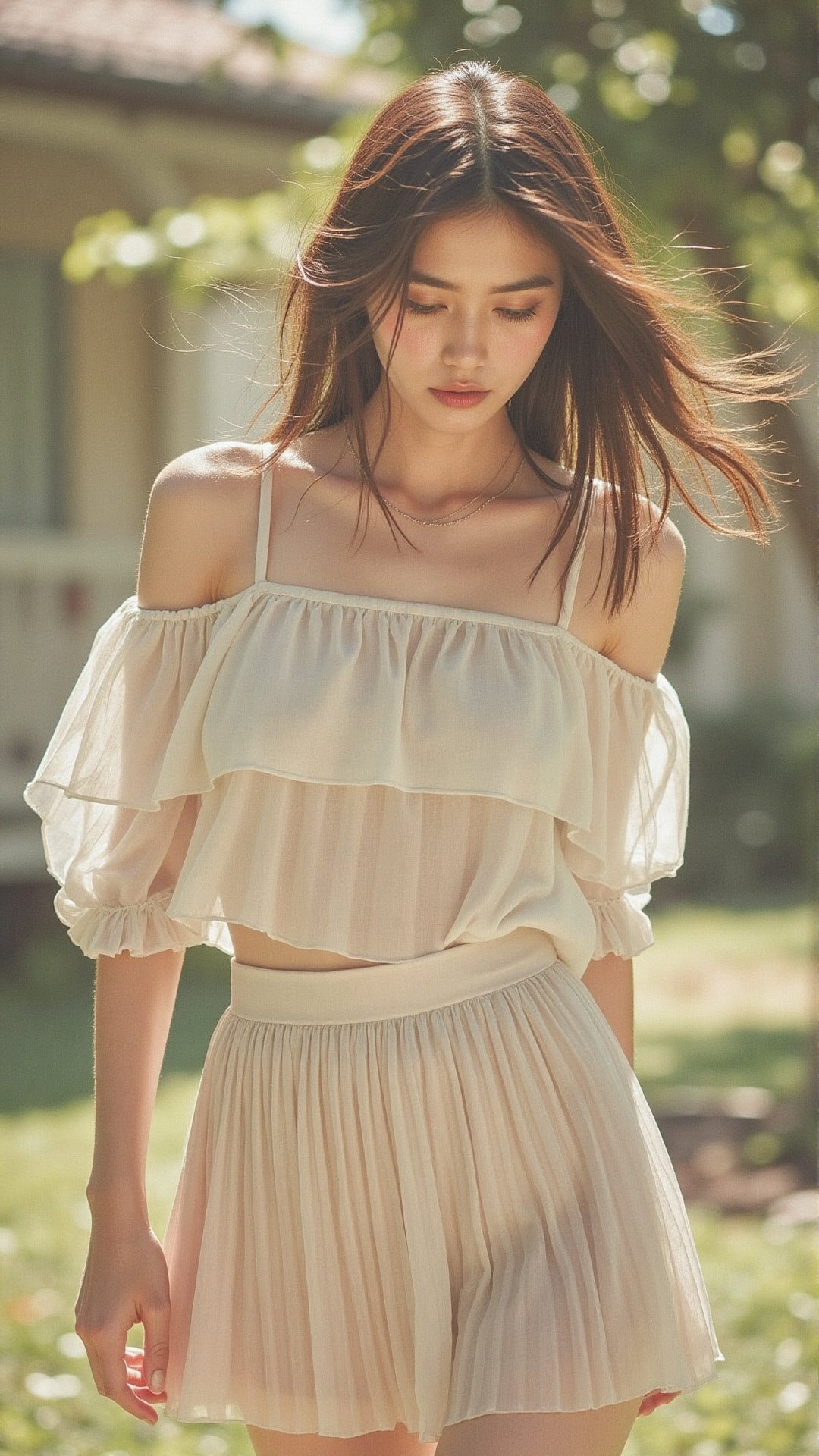 full body image of a woman wearing an off-shoulder top paired with a short pleated mini skirt,  light fabric with gentle f...