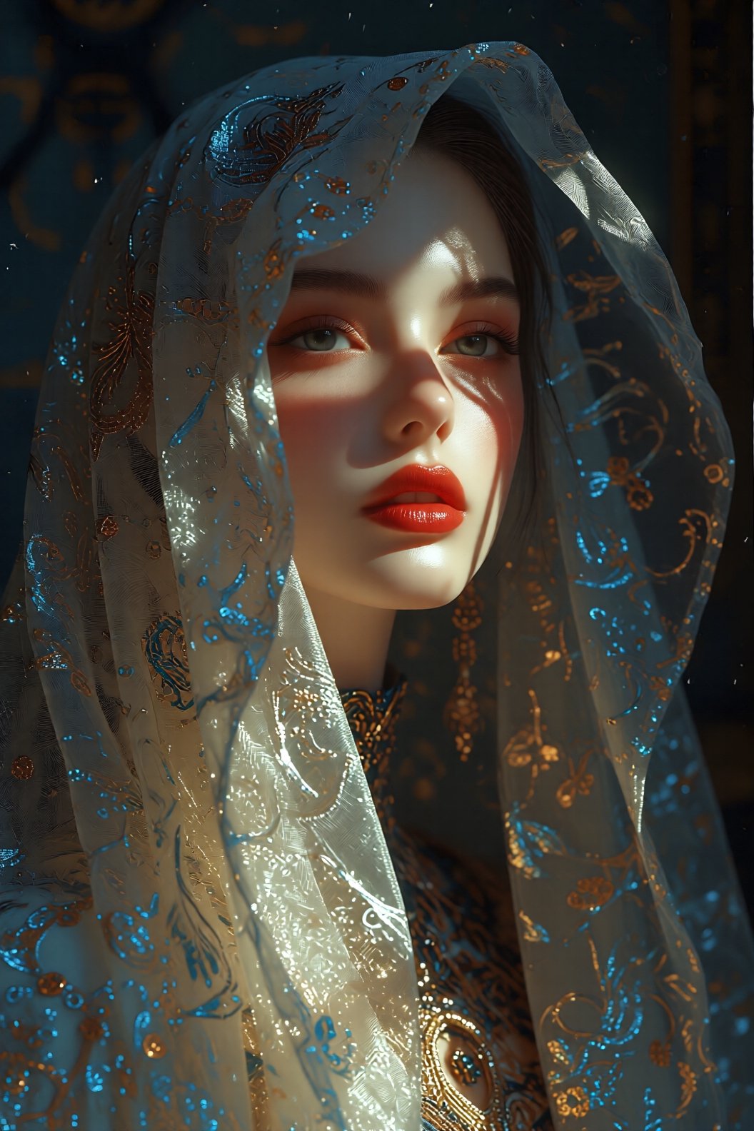 Ultra-detailed,  hyperrealistic portrait of a woman wearing a translucent veil inside a dark room,  dramatic shadows falli...