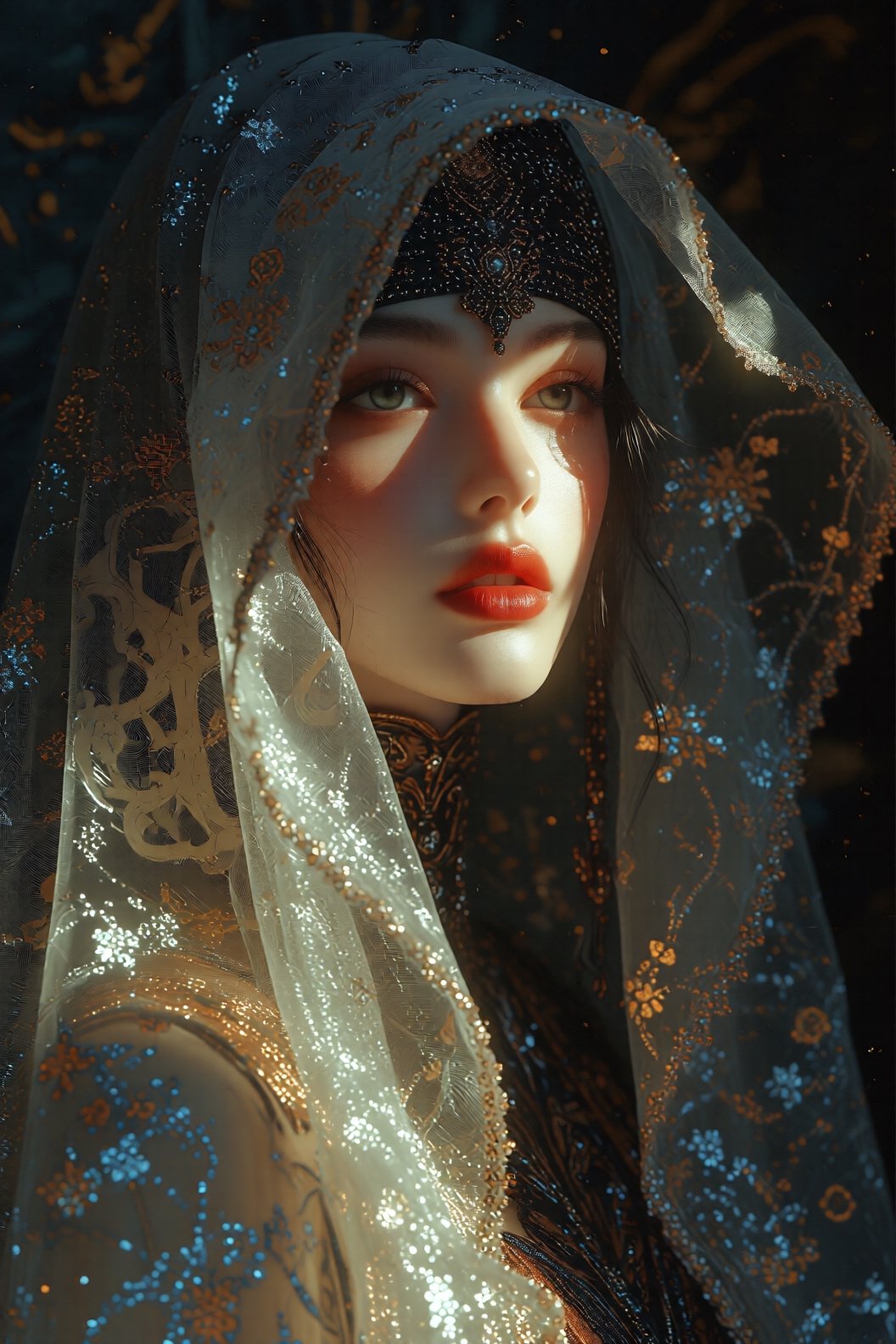 Ultra-detailed,  hyperrealistic portrait of a woman wearing a translucent veil inside a dark room,  dramatic shadows falli...