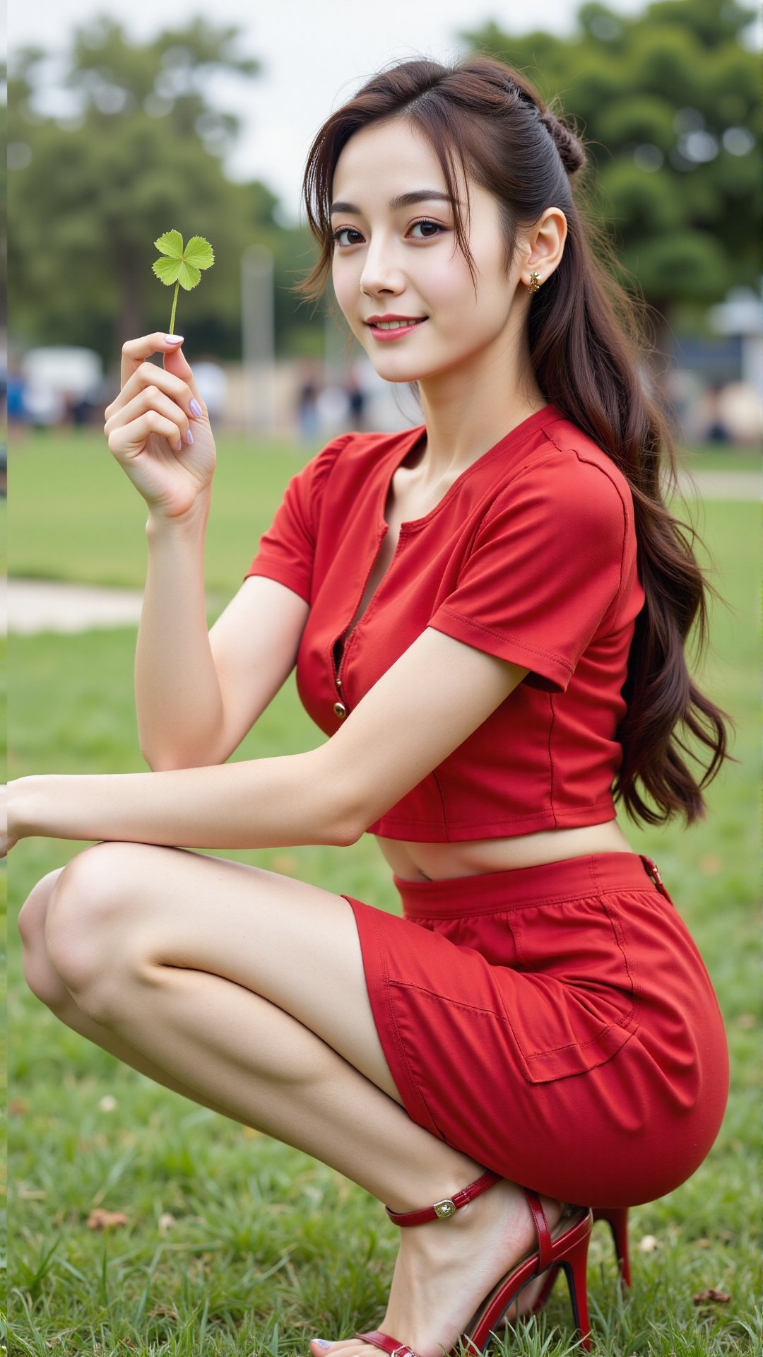 A beautiful woman squatting on a well-polished lawn. Wear a scarlet short-sleeved blouse,  pleated miniskirt set,  and sca...