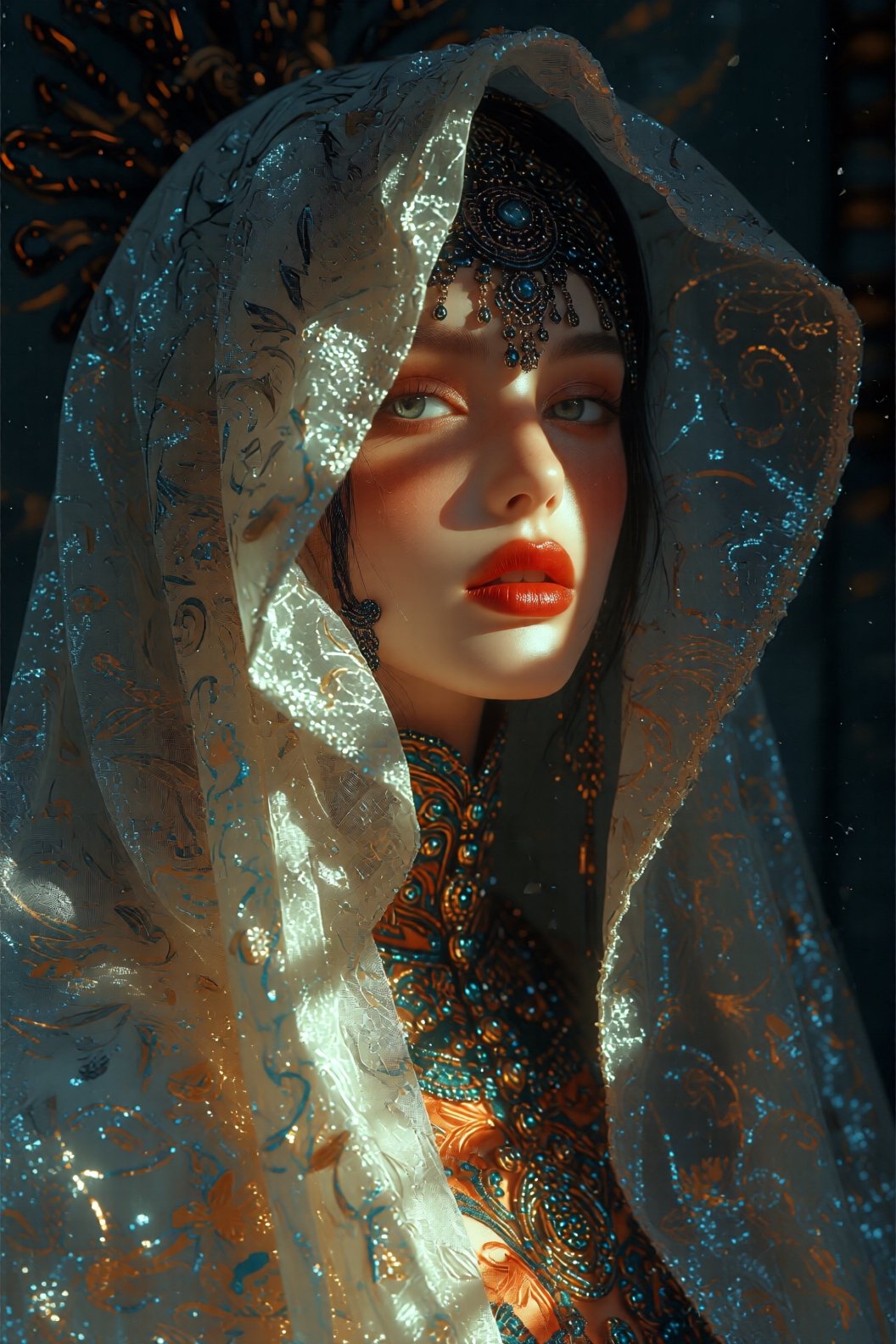Ultra-detailed,  hyperrealistic portrait of a woman wearing a translucent veil inside a dark room,  dramatic shadows falli...