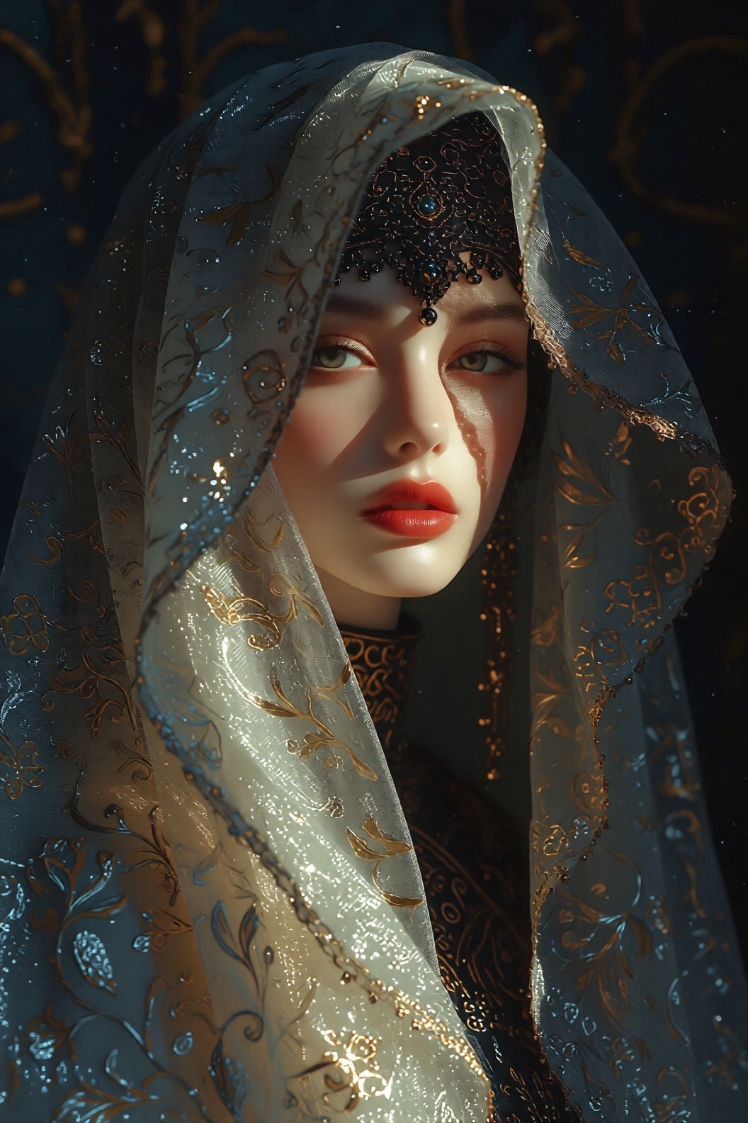 Ultra-detailed,  hyperrealistic portrait of a woman wearing a translucent veil inside a dark room,  dramatic shadows falli...