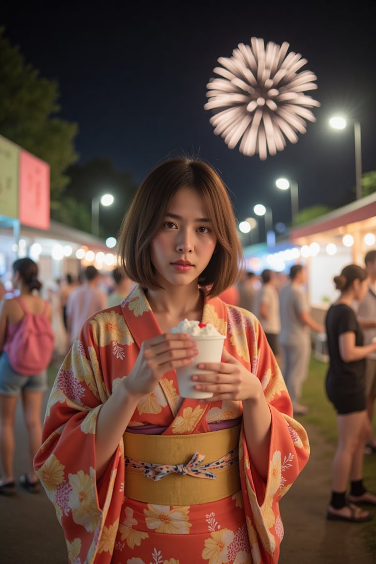 A summer festival at night,  fireworks going off,  gorgeous yukata by TTok:Queeny🍼🎀 on Tensor.Art