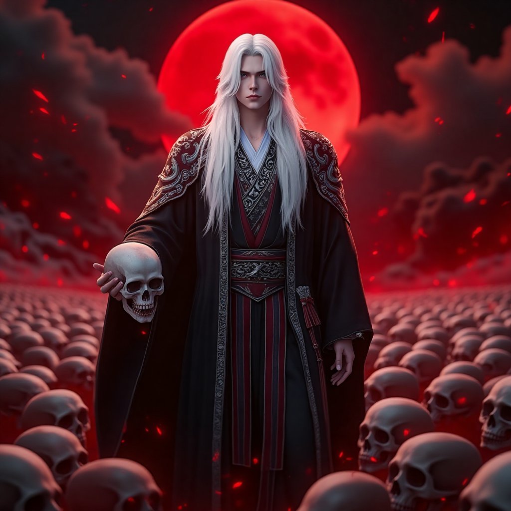 A man with long,  flowing white hair,  wearing a dark by user_856675696473298470 on Tensor.Art
