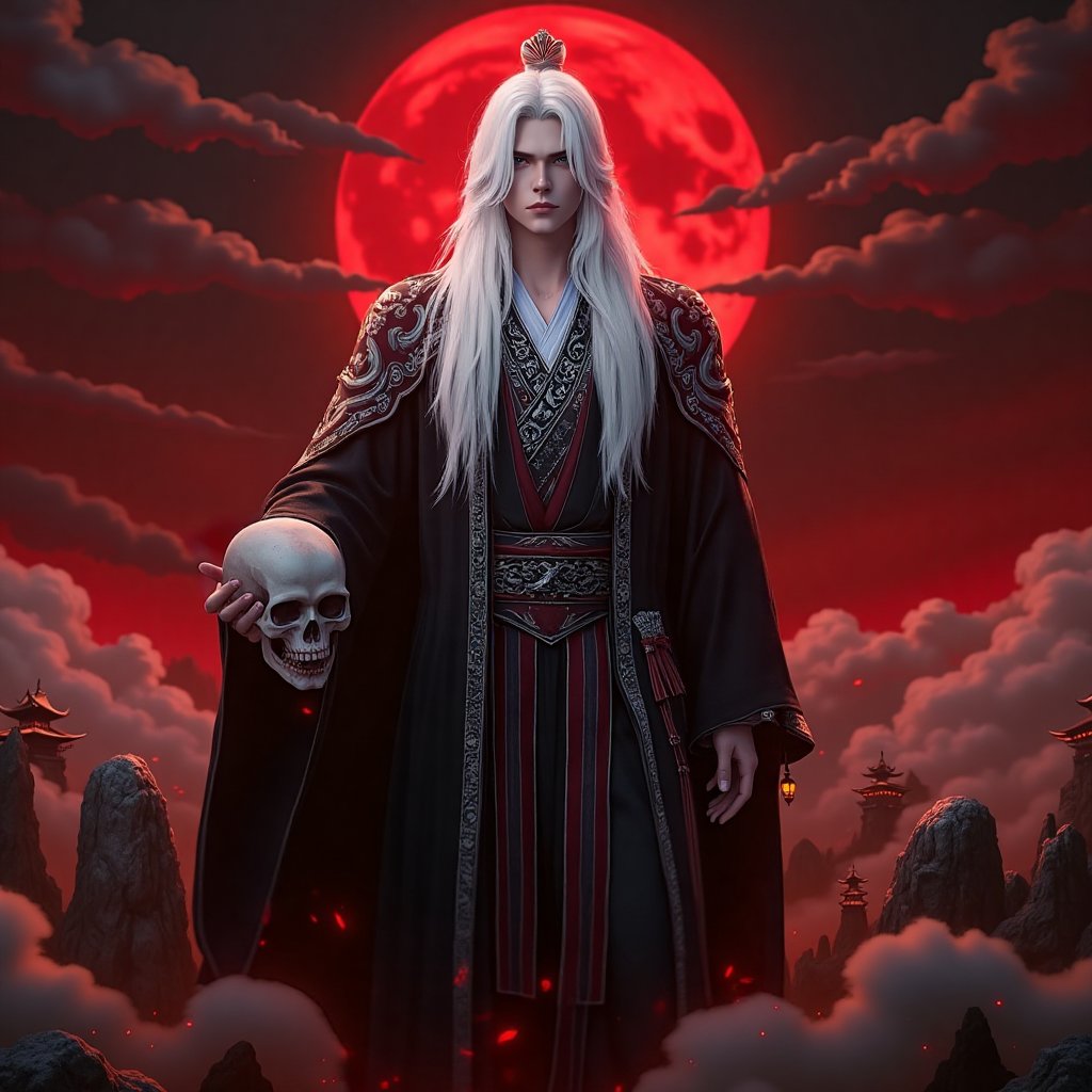 A painterly,  fantastical Xianxia landscape under a blood-red sky,  a massive blood-red moon looming in the background. To...