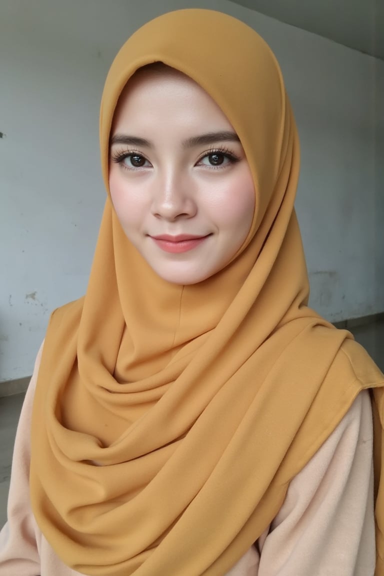 Sebuah potret hiper-realistik seorang wanita muda yang memakai hijab kelabu muda yang elegan dan mengalir,  dihiasi dengan...