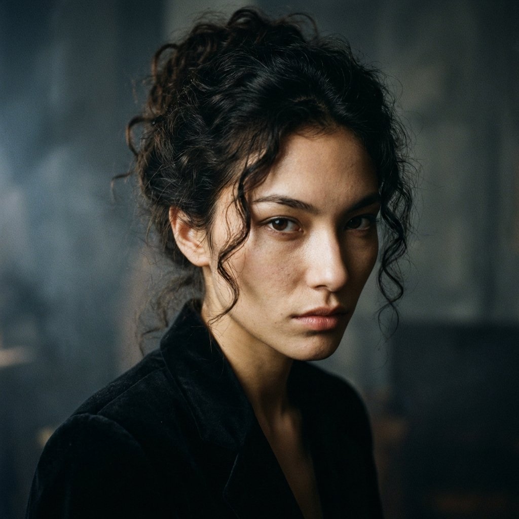 Raw cinematic close-up of a young woman,  a descendant of Caucasian and Indonesian parent,  with a sharp angular face by j...