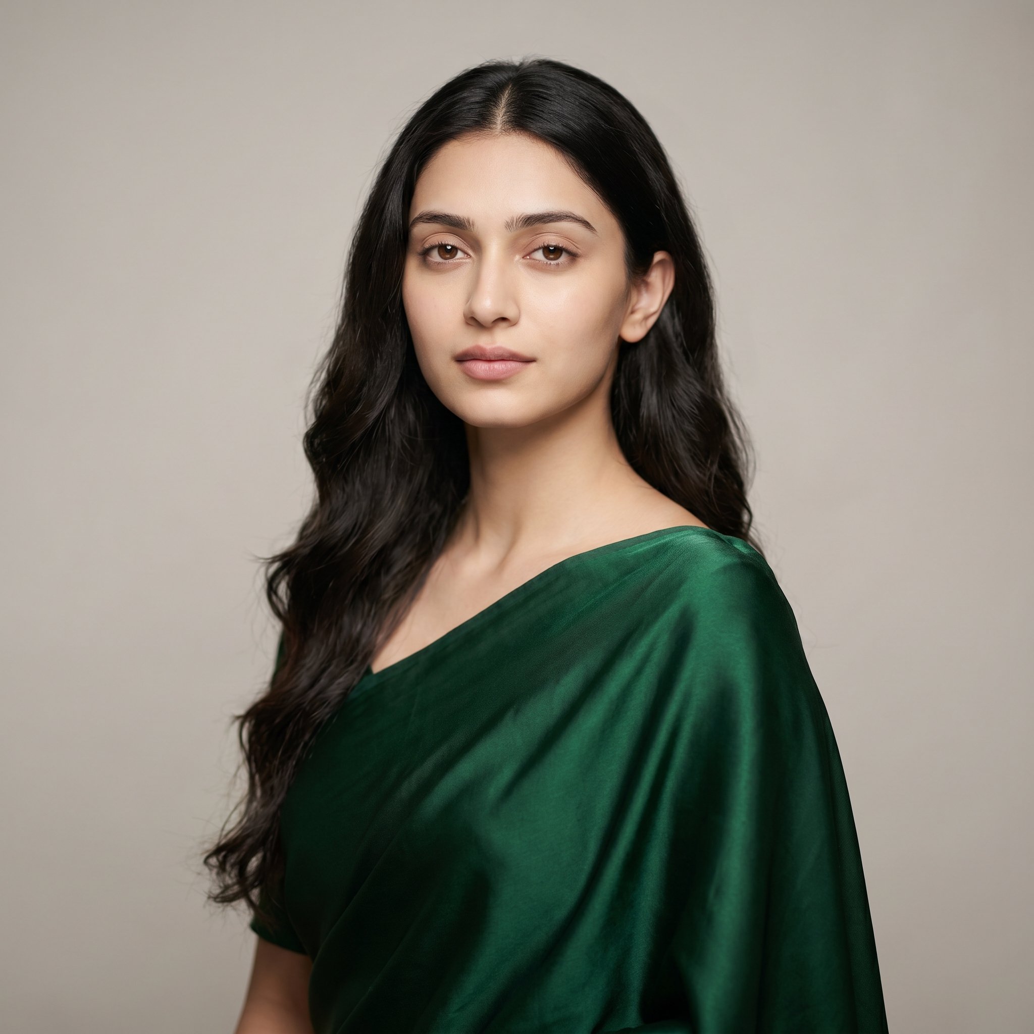 Create a photorealistic,  full-length-ish studio portrait (from mid-torso or waist up) of an original young woman of India...