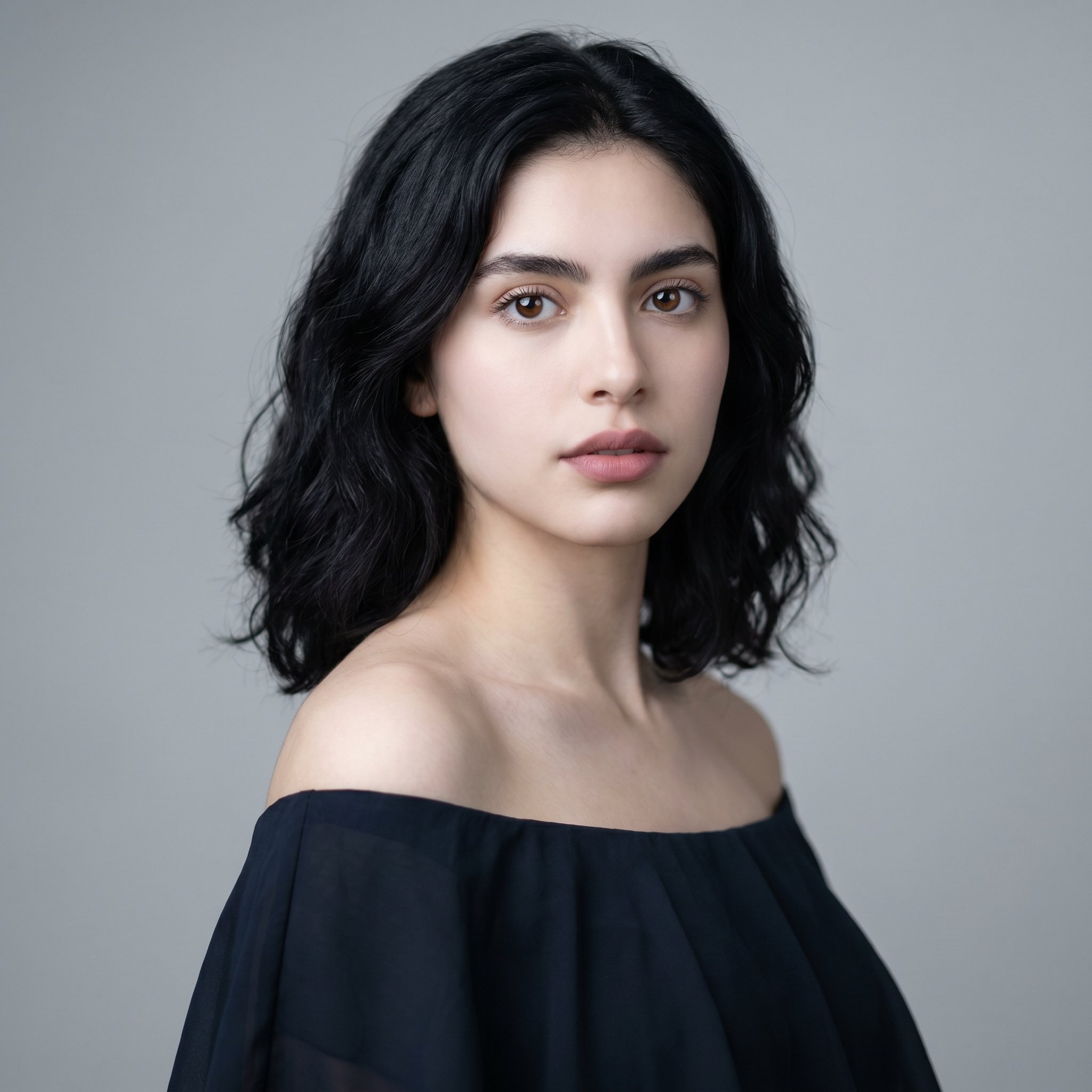 Create a photorealistic,  full-length-ish studio portrait (from mid-torso or waist up) of an original young woman of Latin...