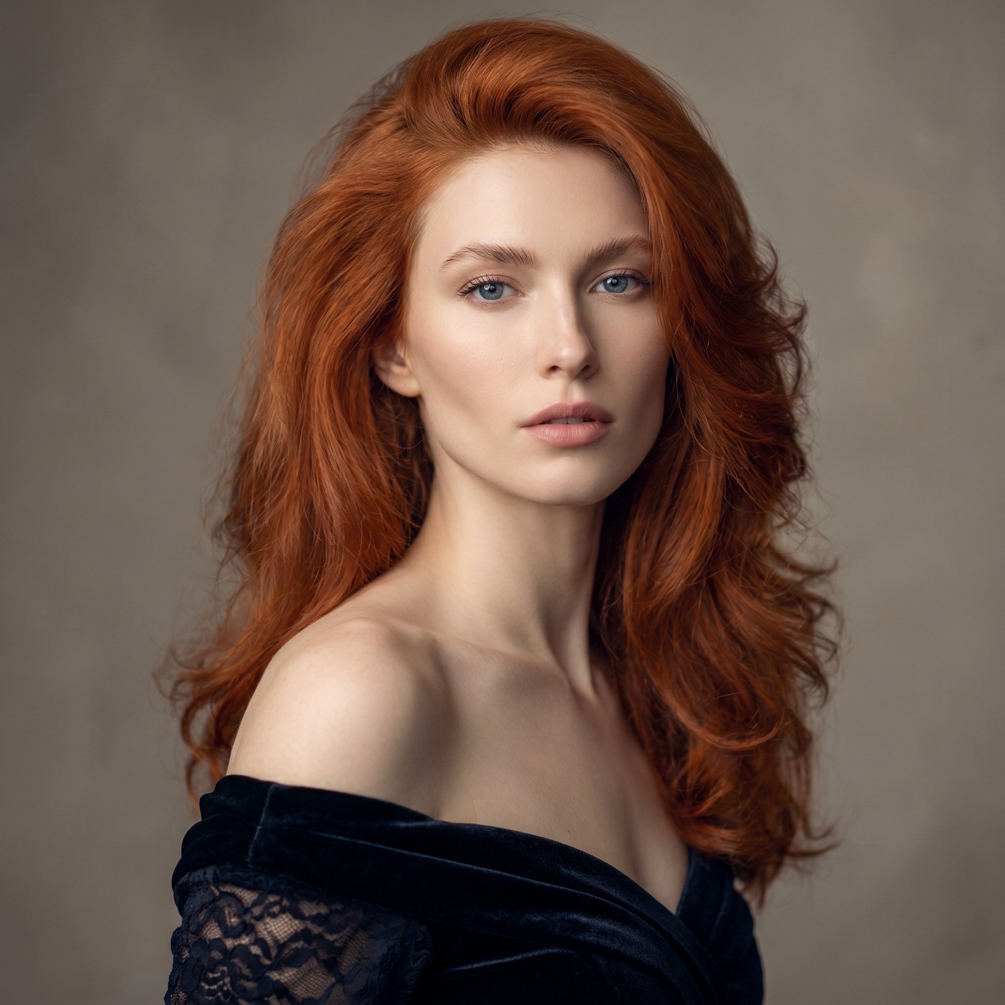 Create a photorealistic,  full-length-ish studio portrait (from mid-torso or waist up) of an original Caucasian young woma...